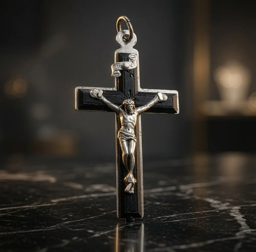 Vintage Italian Silver Tone Black Inlay Crucifix Pendant Catholic Cross 1.75